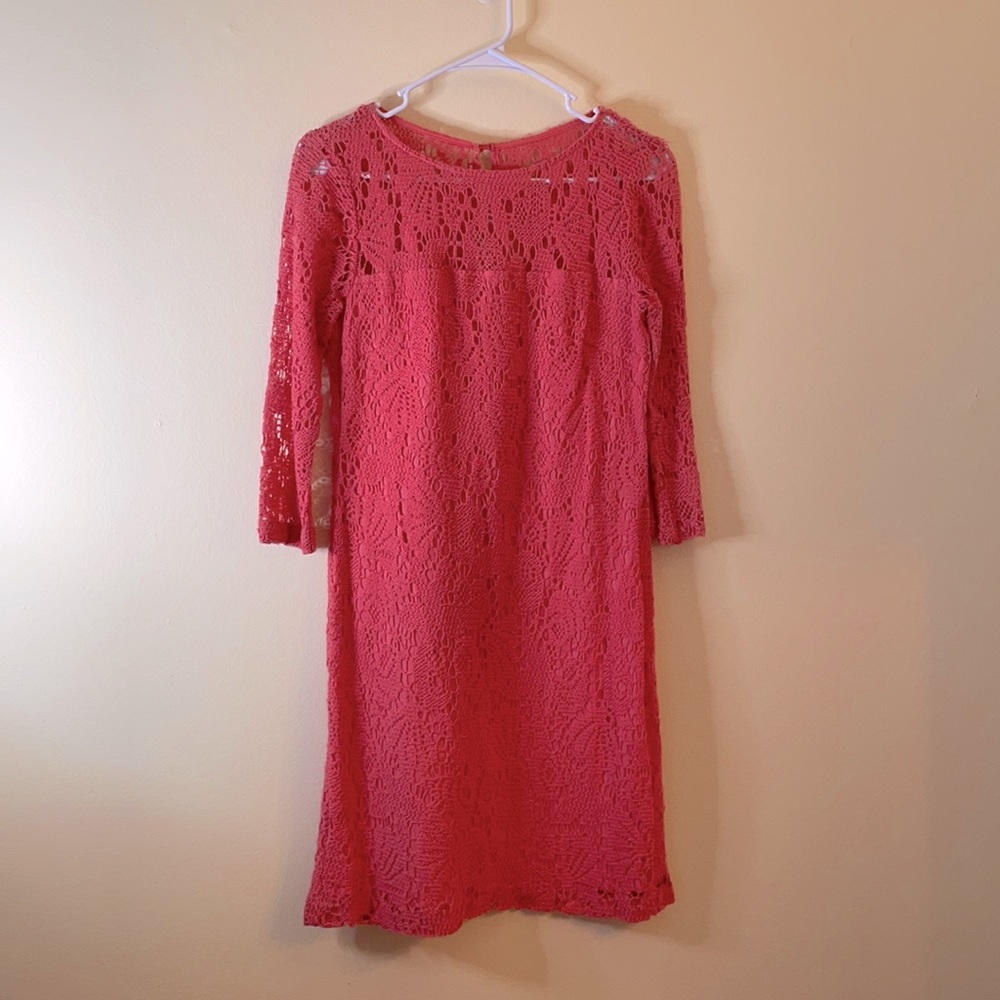 Trina Turk coral crochet dress with cotton lining!